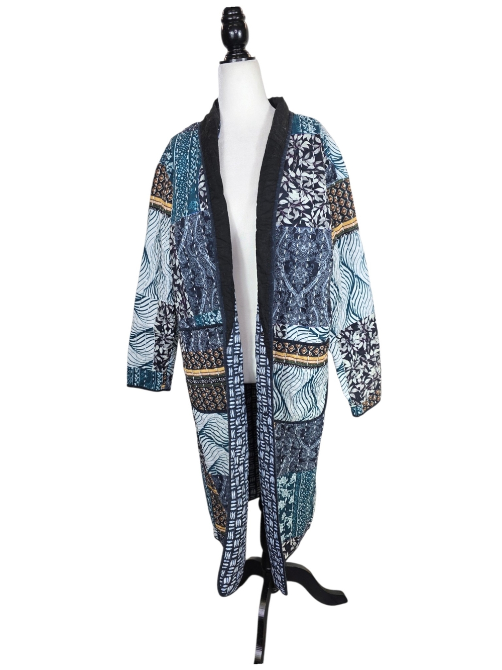 Brenda Knight for Free People Bohemean vibe Blue Patchwork Quilted Trench Coat